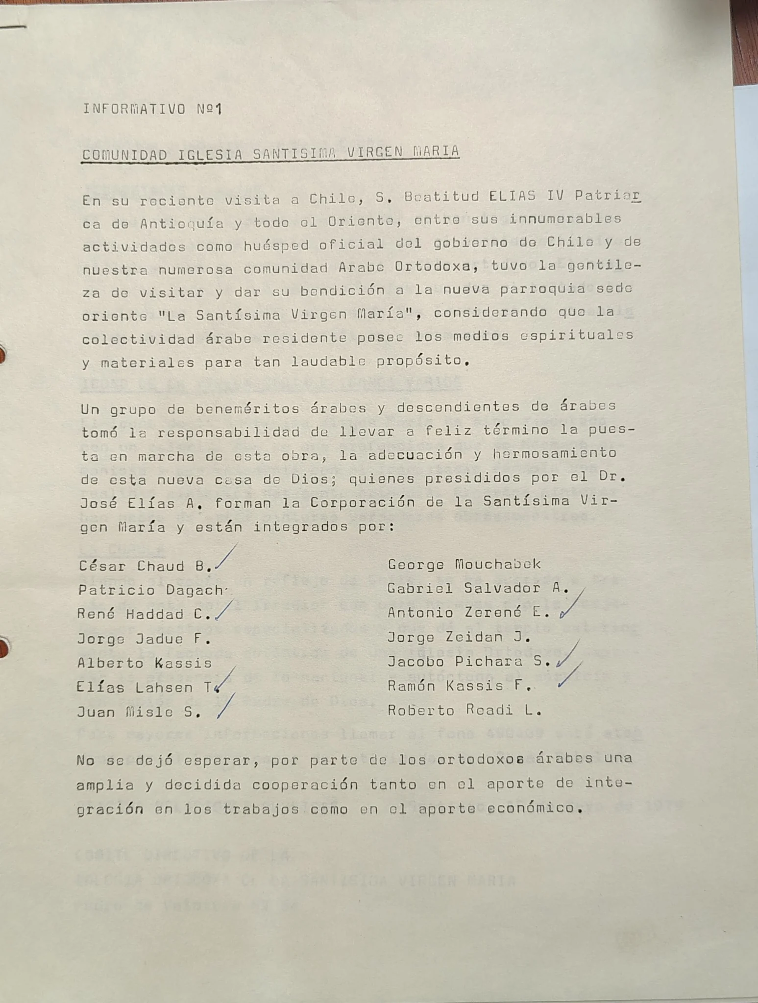 Primera página del Informativo número 1 de la comunidad