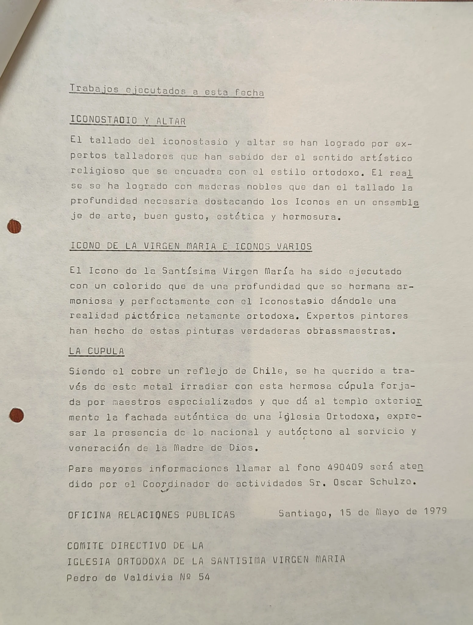 Hoja 2 del Informativo N.º 1: trabajos en el iconostasio, altar, iconos y cúpula