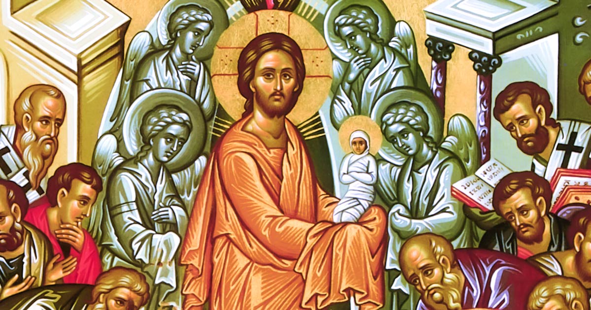 Cristo sostiene el alma de la Theotokos en el icono de la Dormición