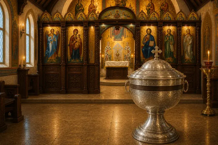 Fuente bautismal e interior de una iglesia ortodoxa