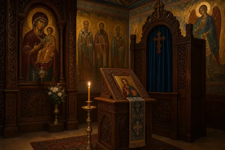 Rincón de oración para confesión en una iglesia ortodoxa