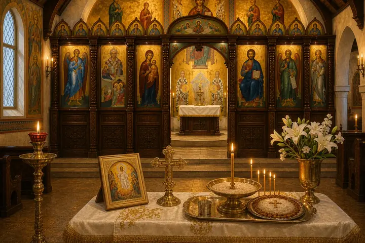 Velas y mesa memorial en un templo ortodoxo