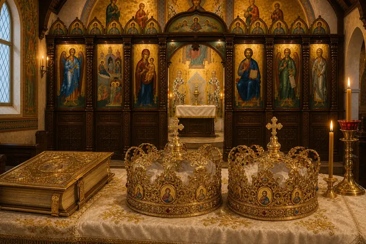 Coronas matrimoniales ortodoxas frente al iconostasio